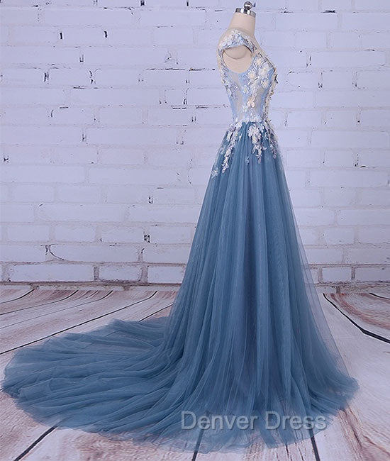 Unique Round Neck Applique Tulle Long Prom Dresses, Tulle Evening Dresses