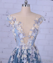 Unique Round Neck Applique Tulle Long Prom Dress, Tulle Evening Dress