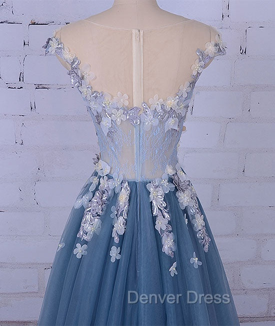 Unique Round Neck Applique Tulle Long Prom Dresses, Tulle Evening Dresses