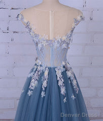 Unique Round Neck Applique Tulle Long Prom Dress, Tulle Evening Dress