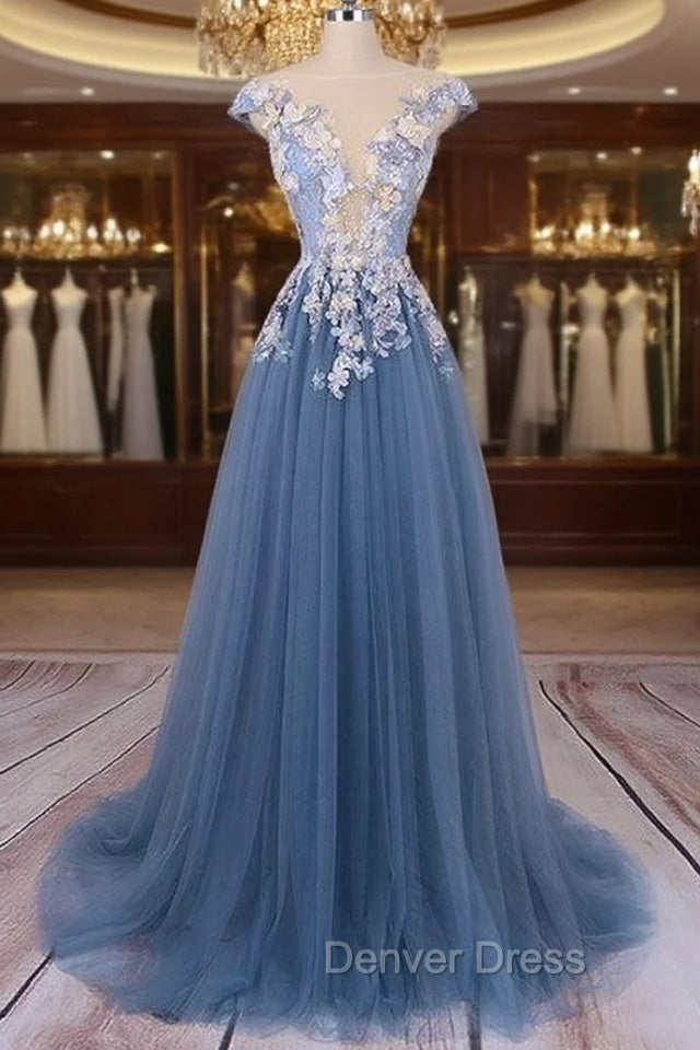 Unique Round Neck Applique Tulle Long Prom Dresses, Tulle Evening Dresses Main image