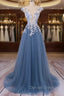 Unique Round Neck Applique Tulle Long Prom Dresses, Tulle Evening Dresses