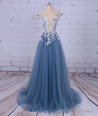 Unique Round Neck Applique Tulle Long Prom Dress, Tulle Evening Dress