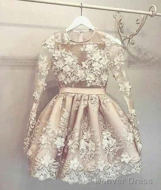 Unique Round Neck Champagne Lace Short Prom Dress, Homecoming Dresses Main image