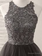 Unique Round Neck Lace Applique Tulle Long Prom Dresses