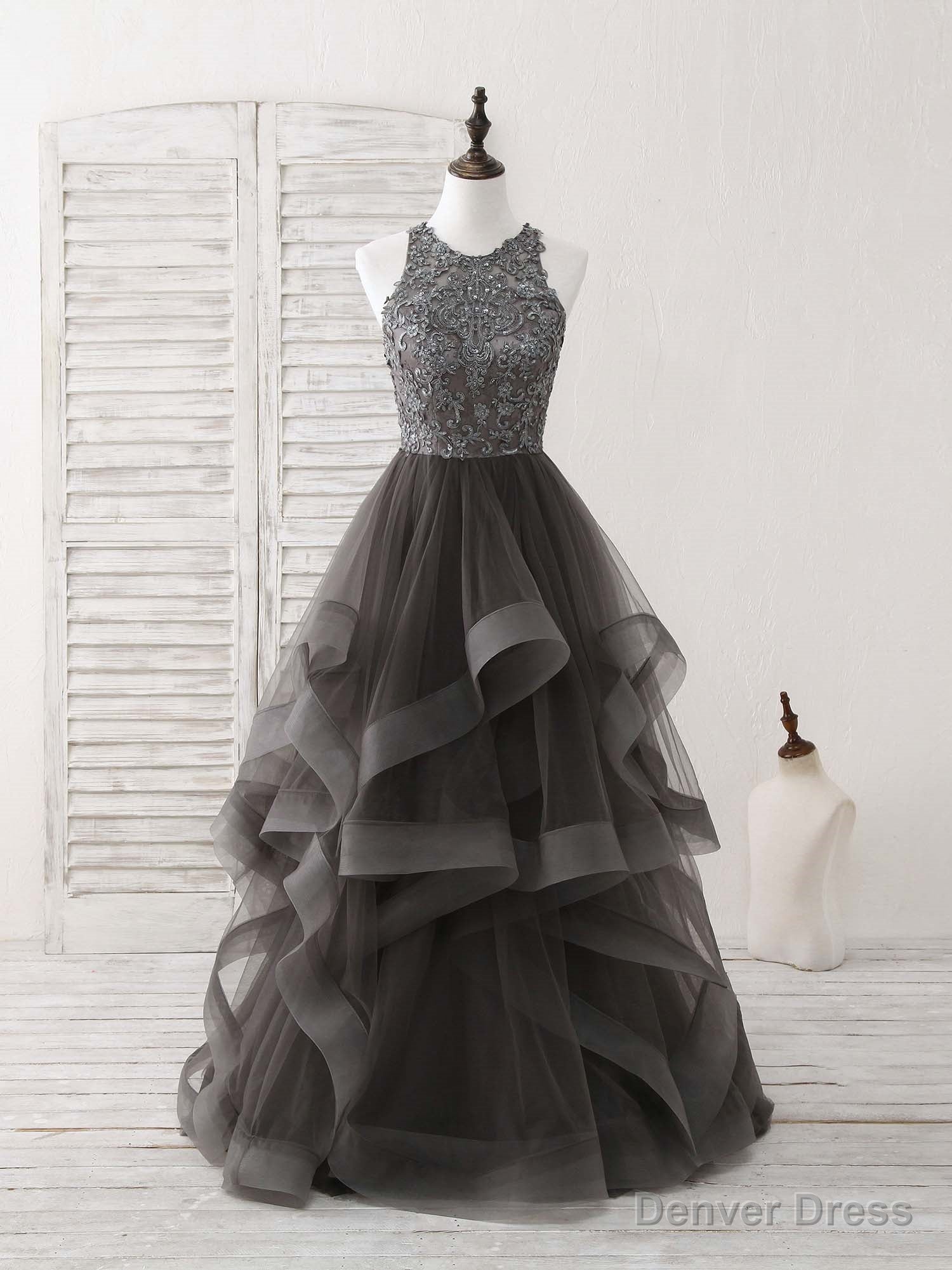 Unique Round Neck Lace Applique Tulle Long Prom Dresses Main image