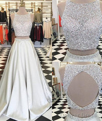 Unique Round Neck Sequin Prom Dress, Two Pieces Long Evening Dress