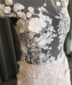 Unique Round Neck Tulle Lace Long Prom Dresses, Lace Evening Dresses