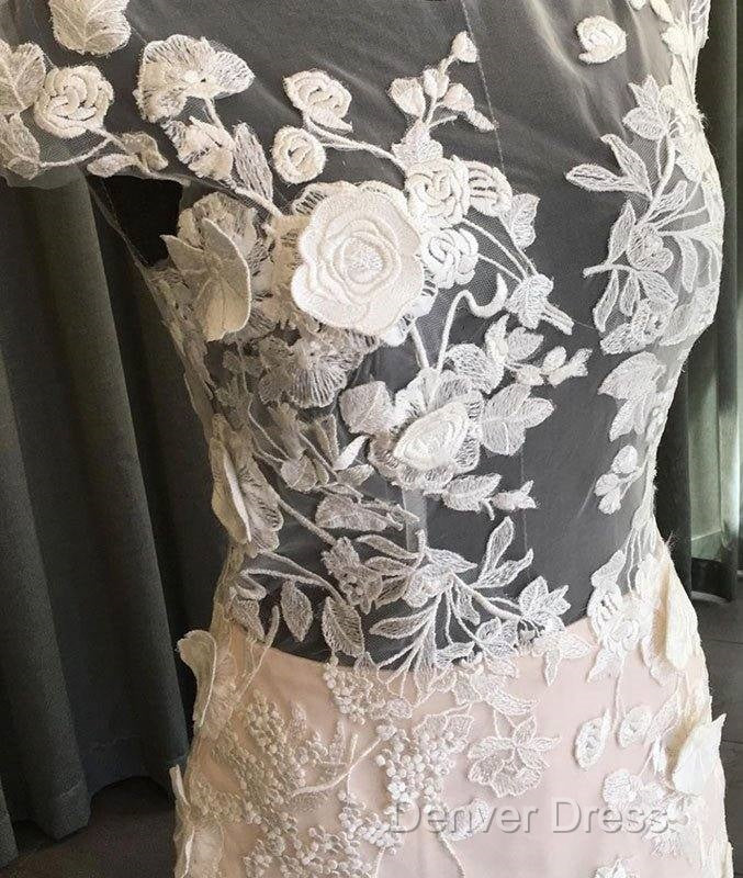 Unique Round Neck Tulle Lace Long Prom Dresses, Lace Evening Dresses