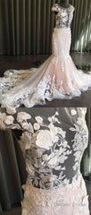 Unique Round Neck Tulle Lace Long Prom Dress, Lace Evening Dress