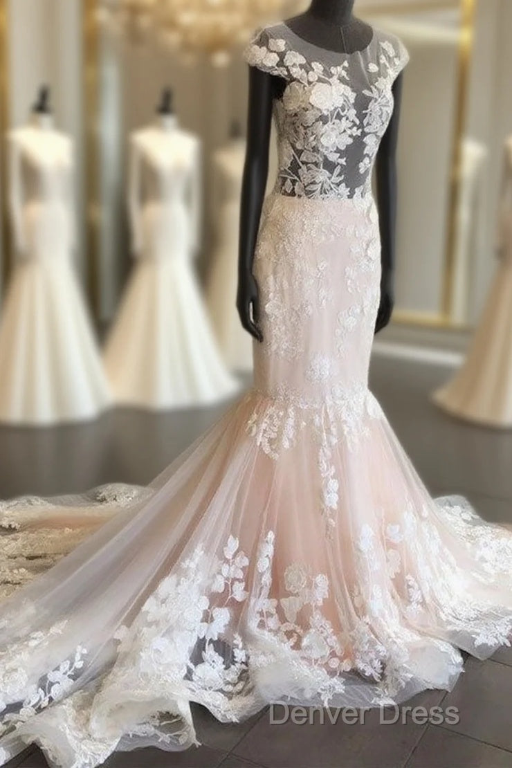 Unique Round Neck Tulle Lace Long Prom Dresses, Lace Evening Dresses