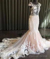 Unique Round Neck Tulle Lace Long Prom Dress, Lace Evening Dress