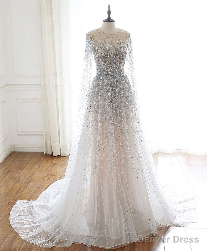Unique Round Neck Tulle Sequin Beads Long Prom Dress Main image