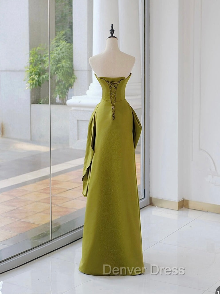 Unique Satin Flower Green Long Prom Dresses, Green Long Formal Dresses