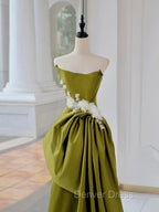 Unique Satin Flower Green Long Prom Dresses, Green Long Formal Dresses