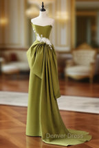 Unique Satin Flower Green Long Prom Dresses, Green Long Formal Dresses