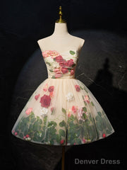 Unique Scoop Neckline Tulle Flower Champagne Short Prom Dress, Cute Formal Dress