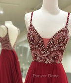 Unique Sequin Beads Burgundy Long Prom Dresses, Formal Dresses