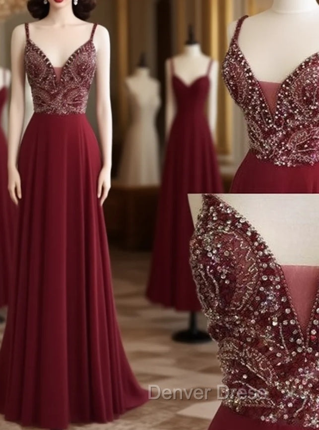 Unique Sequin Beads Burgundy Long Prom Dresses, Formal Dresses Main image