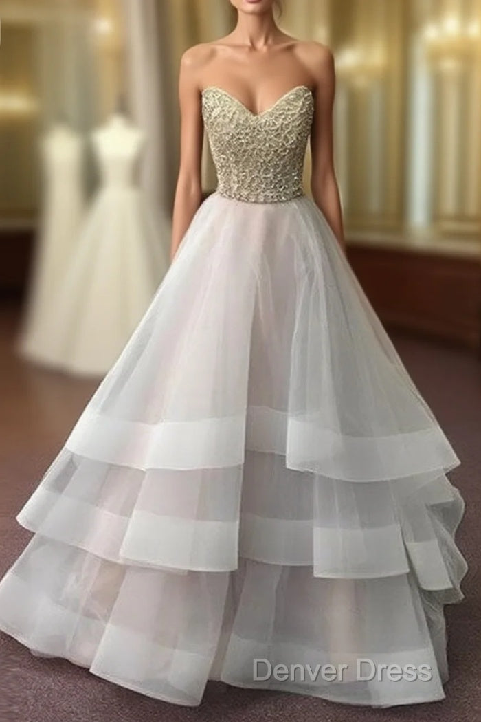 Unique Sequin Gray Tulle Prom Dresses, Long Gray Evening Dresses Main image