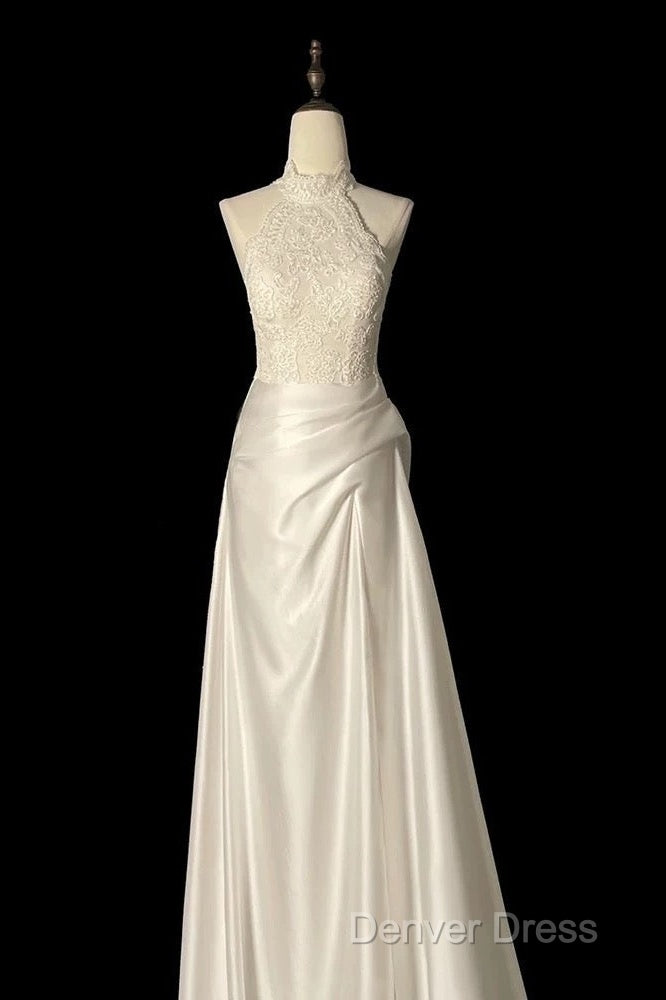 Unique Sheath High Neckline Satin Lace Ivory Wedding Dresses Secondary image