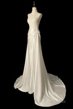 Unique Sheath High Neckline Satin Lace Ivory Wedding Dresses