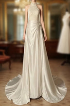 Unique Sheath High Neckline Satin Lace Ivory Wedding Dresses
