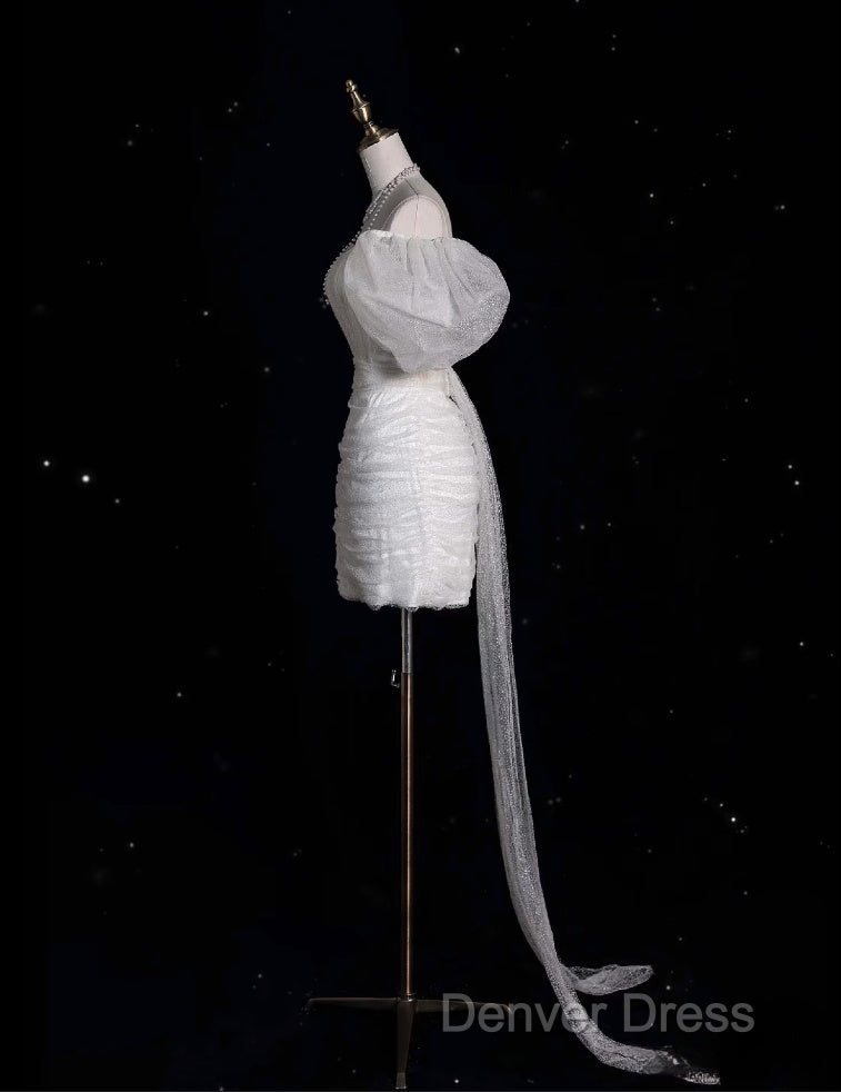 Unique Sheath Off The Shoulder Sequin Short Sleeves White Wedding Dresses Brides Dresses Secondary image