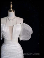 Unique Sheath Off The Shoulder Sequin Short Sleeves White Wedding Dress Brides Dresses