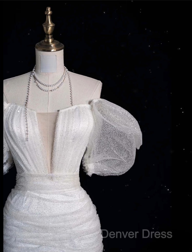 Unique Sheath Off The Shoulder Sequin Short Sleeves White Wedding Dress Brides Dresses