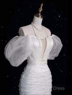 Unique Sheath Off The Shoulder Sequin Short Sleeves White Wedding Dresses Brides Dresses