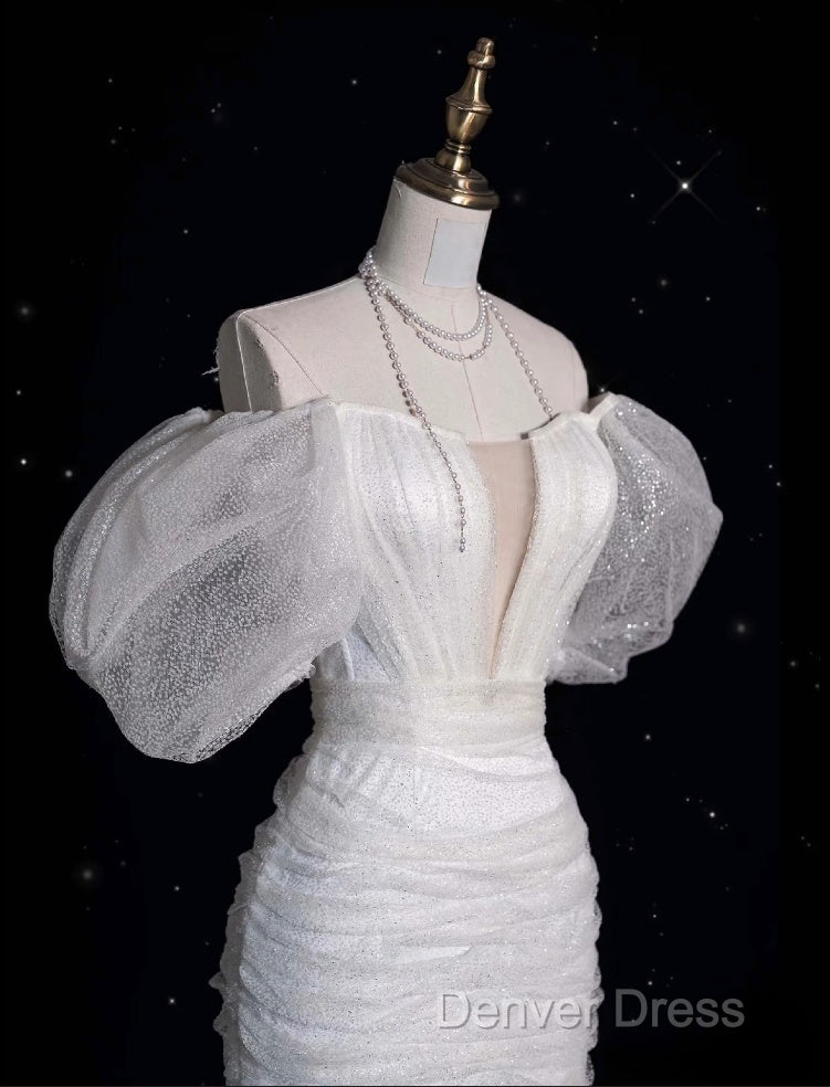 Unique Sheath Off The Shoulder Sequin Short Sleeves White Wedding Dresses Brides Dresses