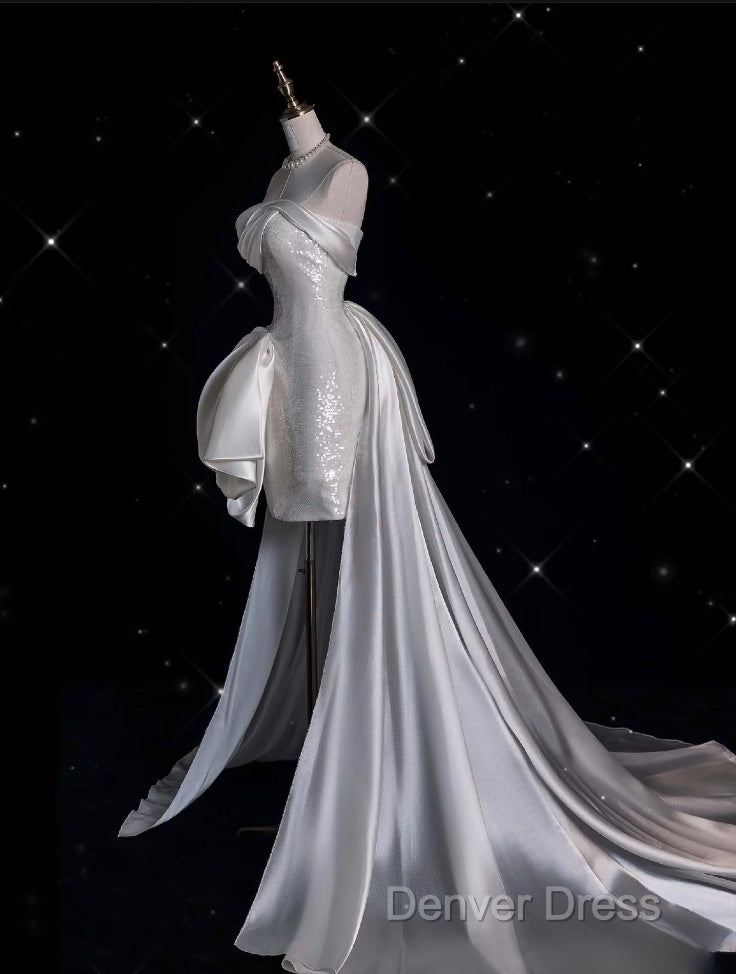 Unique Sheath Strapless Sequin Short White Wedding Dress Brides Dresses