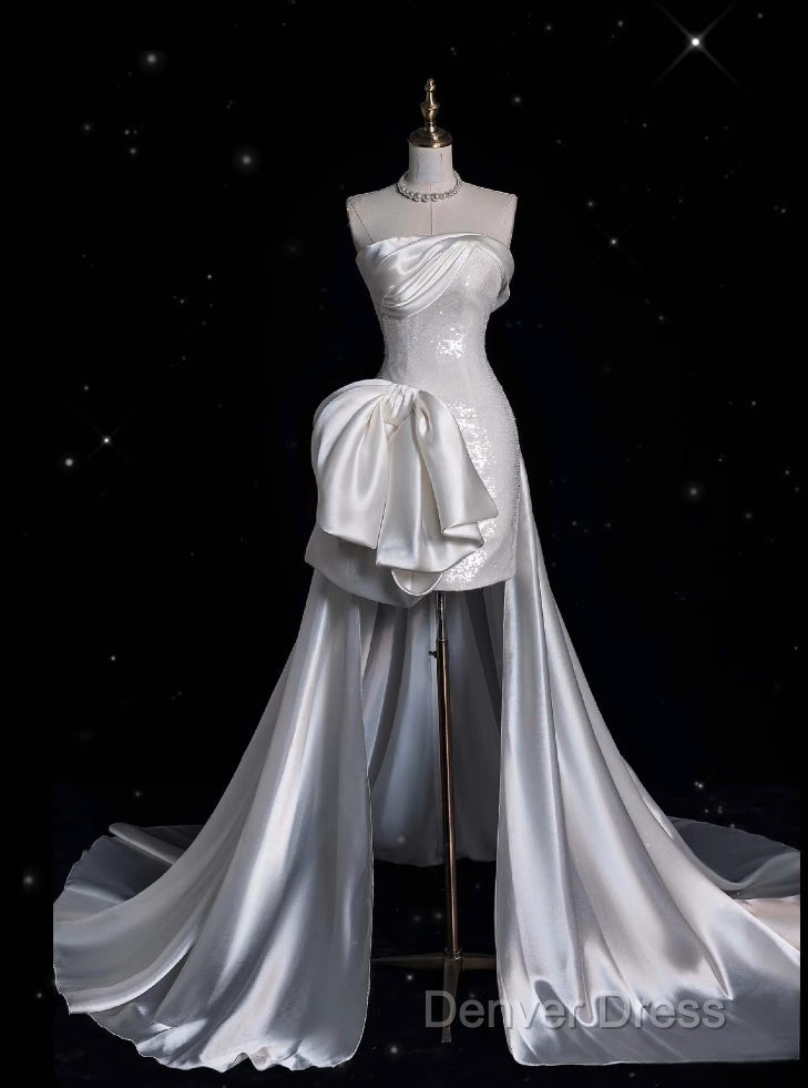 Unique Sheath Strapless Sequin Short White Wedding Dress Brides Dresses