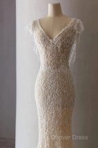 Unique Sheath V Neckline Cap Sleeves Lace Ivory Wedding Dresses