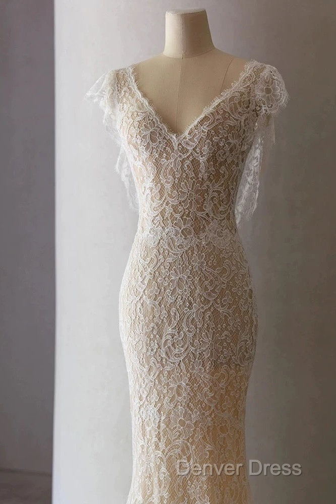 Unique Sheath V Neckline Cap Sleeves Lace Ivory Wedding Dresses