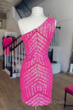 Unique Sleeveless One Shoulder Sequined Pink Homecoming Dresses