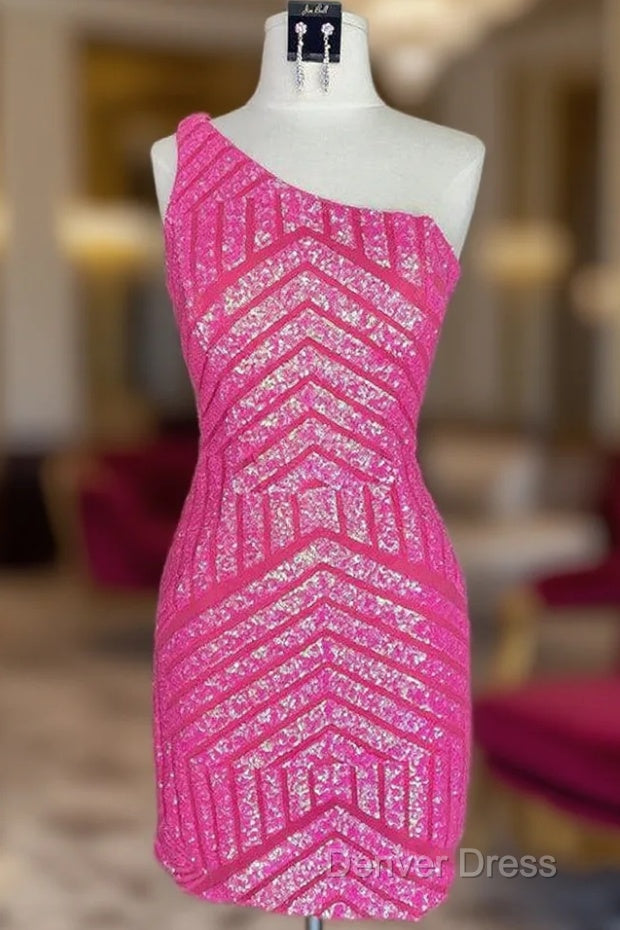 Unique Sleeveless One Shoulder Sequined Pink Homecoming Dresses Main image
