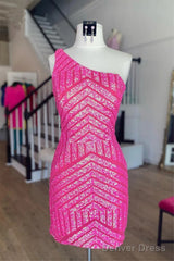 Unique Sleeveless One Shoulder Sequined Pink Homecoming Dress