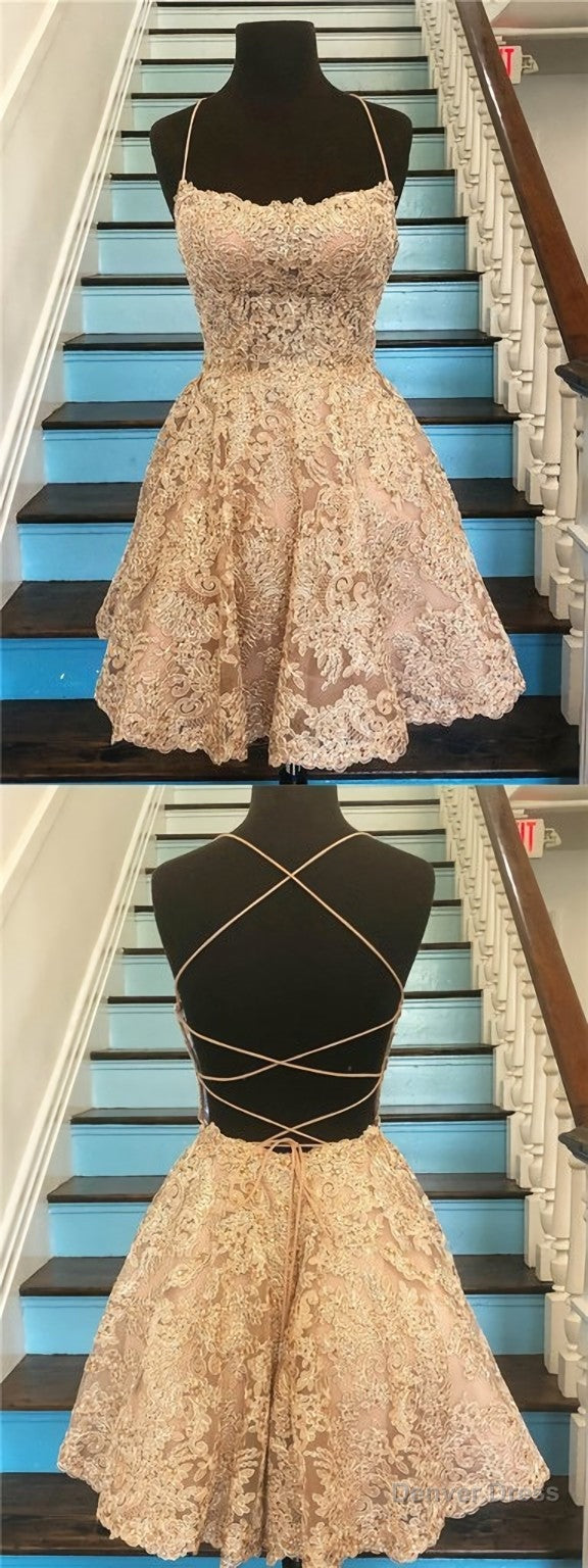 Unique Spaghetti Straps Crisscross Back A Line Short Homecoming Dress, Gold Lace Homecoming Dresses