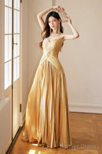 Unique Spaghetti Straps Satin Long Prom Dress, Gold V-Neck Backless Evening Party Dress