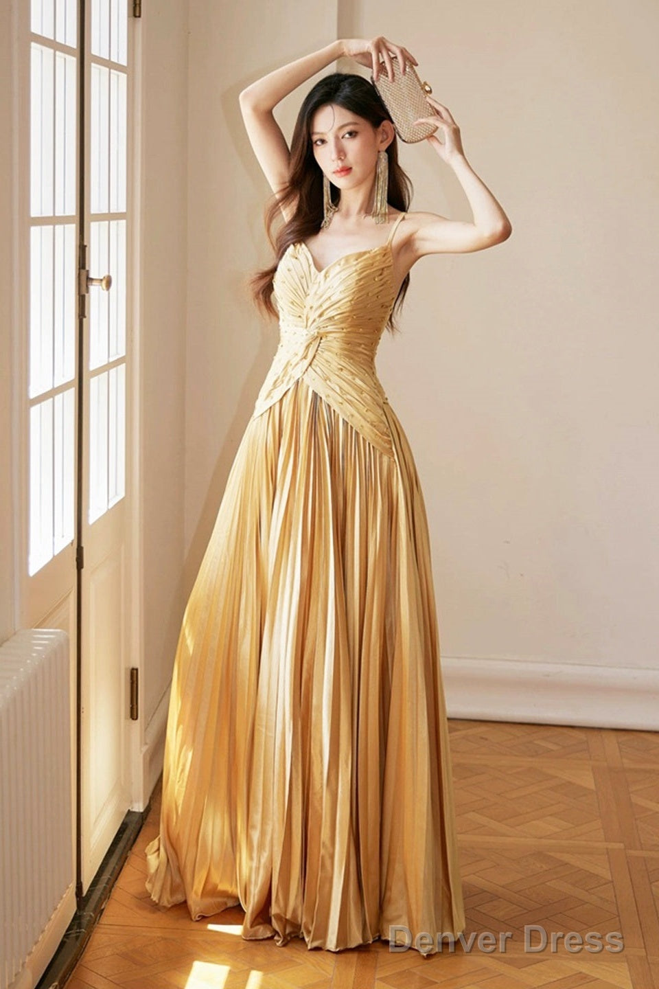 Unique Spaghetti Straps Satin Long Prom Dress, Gold V-Neck Backless Evening Party Dress