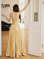 Unique Spaghetti Straps Satin Long Prom Dress, Gold V-Neck Backless Evening Party Dress
