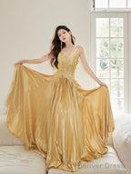 Unique Spaghetti Straps Satin Long Prom Dress, Gold V-Neck Backless Evening Party Dress