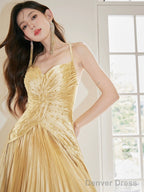 Unique Spaghetti Straps Satin Long Prom Dress, Gold V-Neck Backless Evening Party Dress