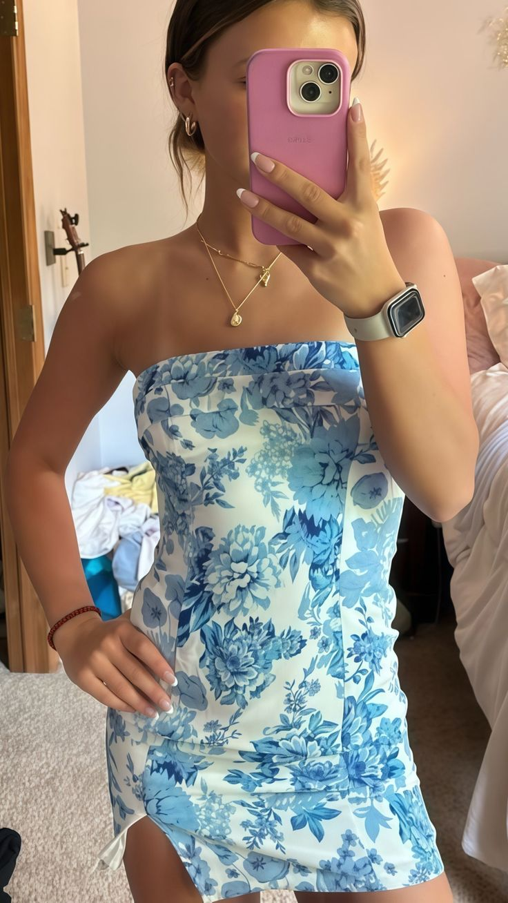 Unique Strapless Blue Satin Print Floral Sheath Short Cocktail Dress Prom Homecoming Dresses