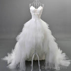 Unique Style Hi-Low Sweetheart Spaghetti Strap White Feather Lace Up Tulle Ruffles  Wedding Dresses ,