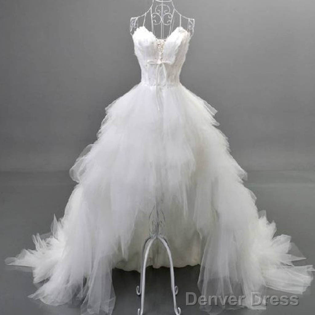 Unique Style Hi-Low Sweetheart Spaghetti Strap White Feather Lace Up Tulle Ruffles  Wedding Dresses ,
