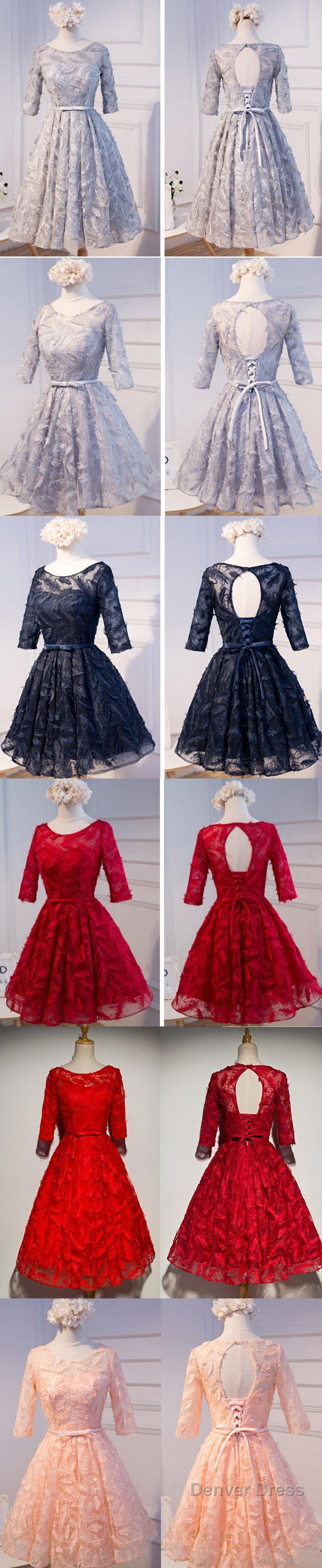 Unique Style Three-Quarter Sleeve Full Feather Appliques Keyhole Lace Up Back Tea-Length Homecoming Dresses
