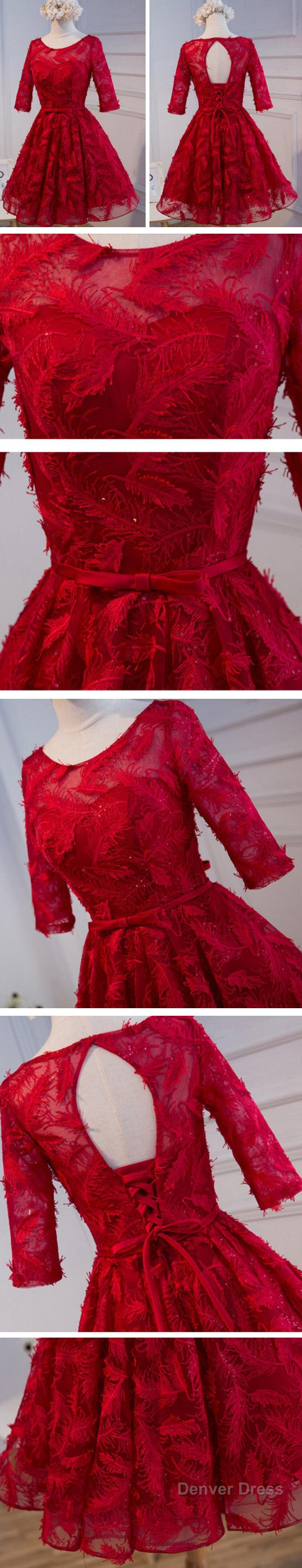 Unique Style Three-Quarter Sleeve Full Feather Appliques Keyhole Lace Up Back Tea-Length Homecoming Dresses